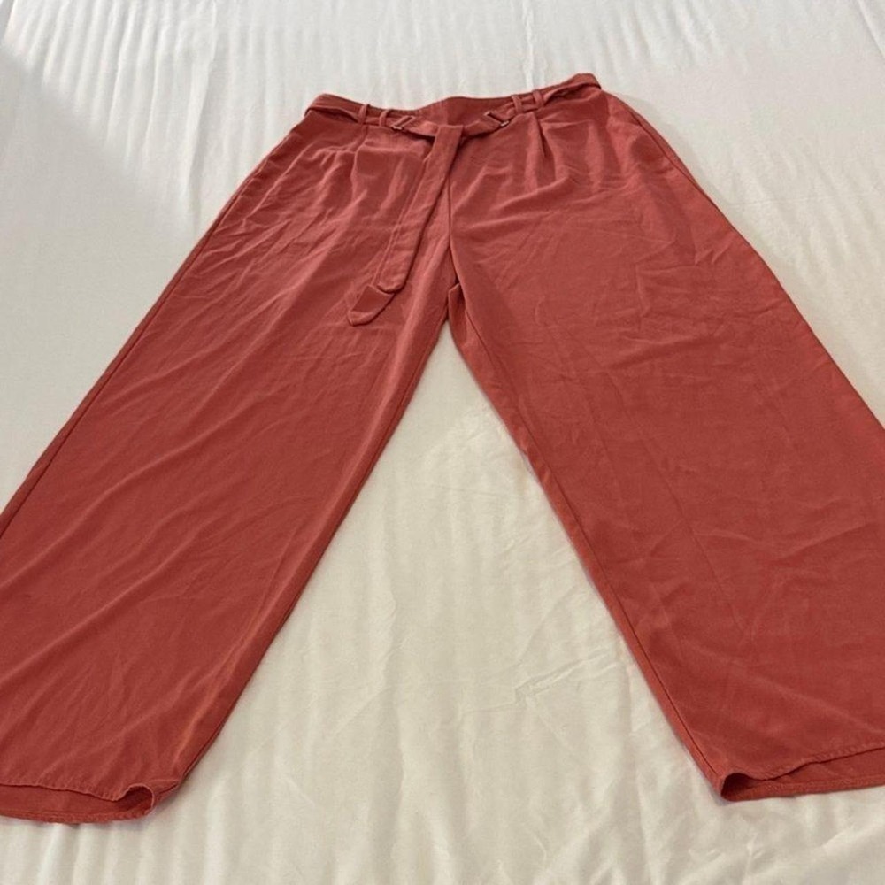 Primark Womens Rust Terracotta High Waist Wide Leg Belted Pants Size L